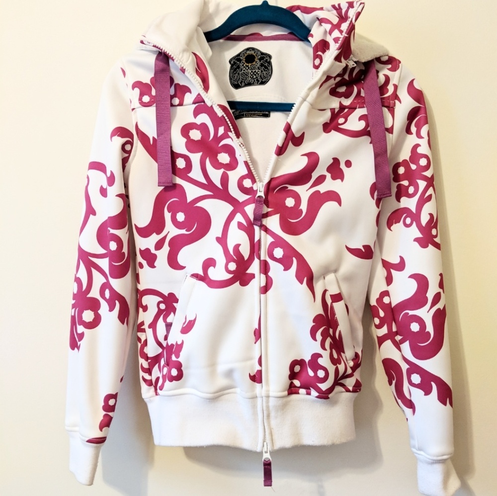 Pink and white swirl flower zip up hoodie jacket